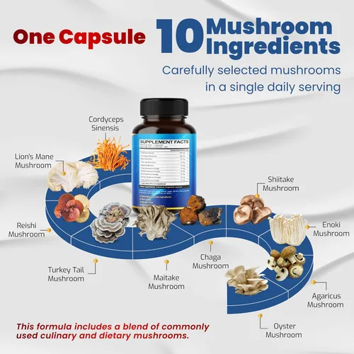 Miniatura 2 de Suplemento de hongos 10 en 1 de alta resistencia - Melena de león, Cordyceps, Reishi - Suplementos cerebrales para memoria y concentración.