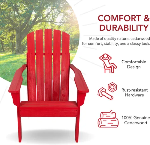 Miniatura 4 de Shine Company Silla Adirondack de madera moderna Mid-Century para patio al aire libre, respaldo y asiento premontado, rojo chile