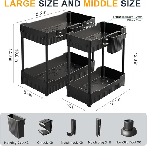 Miniatura 4 de Sevenblue - Juego de 2 organizadores bajo el fregadero, organizador bajo el gabinete del baño con taza colgante con ganchos, estante de Negro