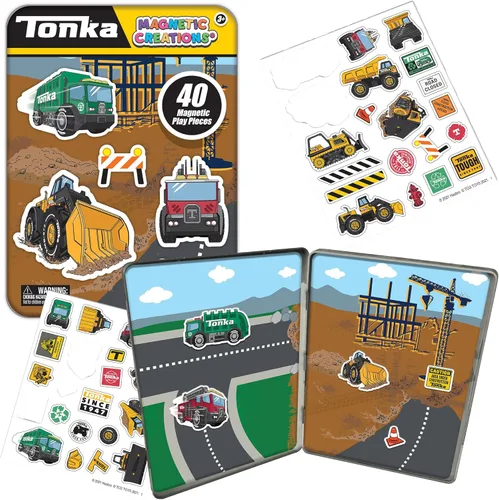 Miniatura 5 de TCG Toys Tonka Magnetic Creations - Lata con 40 piezas de juego magnéticas en lata que se dobla como espacio de almacenamiento, multicolor