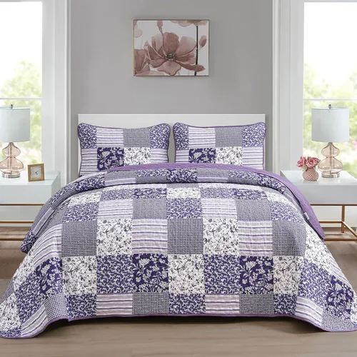 Miniatura 25 de Mybedsoul Juego de edredón bohemio beige tamaño individual, juego de colcha floral a cuadros de 3 piezas, juego de ropa de cama reversible