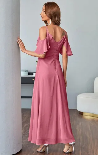 Miniatura 2 de V-Neck Bridesmaid Dresses with Pockets A-Line Long Chiffon Formal Party Dresses with Slit HY016