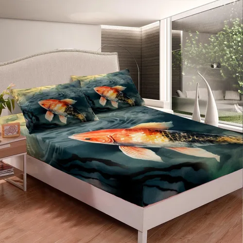Miniatura 2 de jejeloiu Juego de sábanas Koi de tamaño individual para niños, niñas, adolescentes, decoración de dormitorio, sábanas temáticas oceánicas con sábana