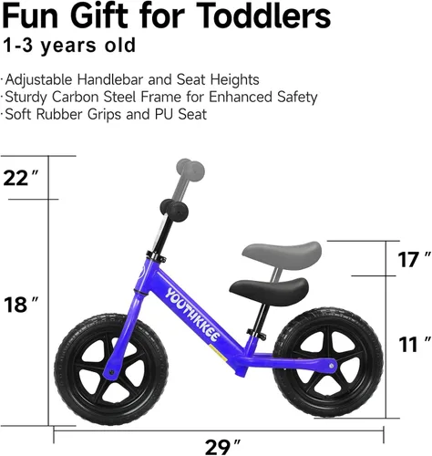 Miniatura 2 de Bicicleta de equilibrio de 12 pulgadas para niños de 1 a 3 años, bicicleta sin pedales con asiento ajustable sin herramientas, montaje rápido, Azul
