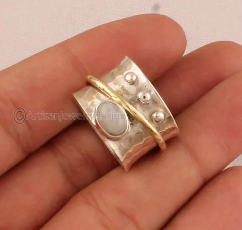 Miniatura 4 de Rainbow Moonstone Silver Ring, Statement Silver Ring Handmade Spinner Ring, Fidget Spinner Ring, Spinner Ring Women, Simple Elegant Silver Ring