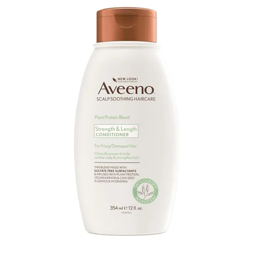 Aveeno Strength & Length - Acondicionador de mezcla de proteínas vegetales, fórmula vegana para cabello fuerte y saludable, blanco, sin perfume, 12