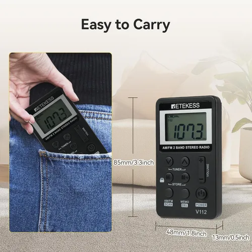 Miniatura 5 de Retekess V112 Radio de Bolsillo AM FM, Radio Digital con Auricular, Batería Recargable con Pantalla LCD para Caminar, Trotar, Entrenamiento (Negro)