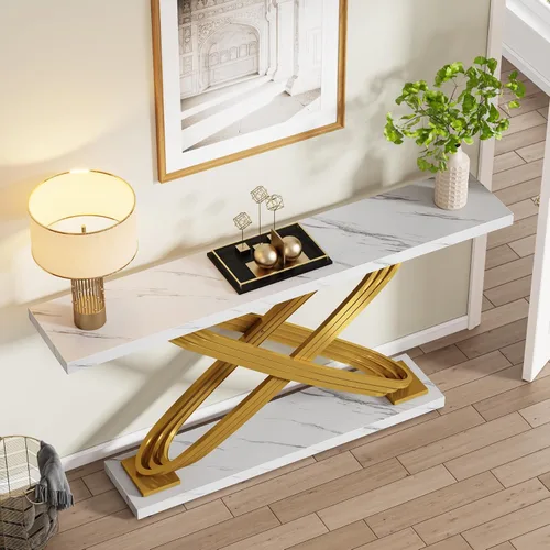 Miniatura 8 de Tribesigns Mesa consola dorada de 55 pulgadas, moderna mesa de entrada de mármol sintético con base geométrica de metal, mesa de sofá larga