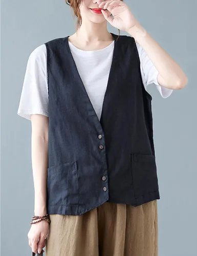 Miniatura 2 de Bozanly Chaleco sin mangas con botones para mujer, estilo casual, cuello en V, de lino y algodón, con bolsillos