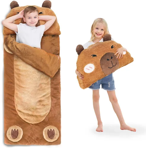 iPlay, iLearn Saco de dormir para niños, saco de dormir Capybara de felpa, tapete para siesta para niña y niño, almohada de animal marrón 2 en 1,
