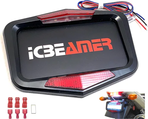 ICBEAMER Marco de matrícula de motocicleta impermeable de ajuste universal para la mayoría con 6+ LED intermitentes de cola + luz de freno [Negro