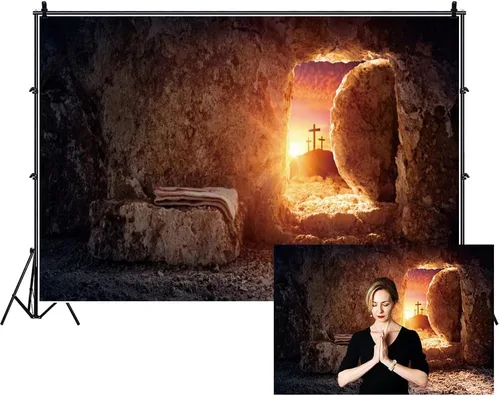Miniatura 6 de Fondo de fotografía de tumba vacía de 6 x 4 pies, puesta de sol con luz sagrada, tres cruces en la montaña, Jesucristo, agujero de piedra, telón