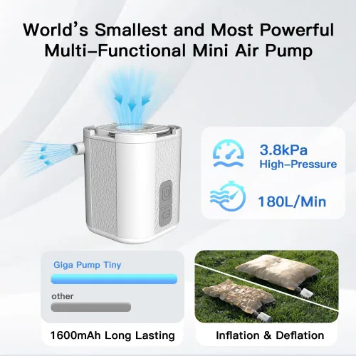Miniatura 3 de GIGA PUMP Pequeña bomba de colchón de aire, bomba de aire portátil para inflables con luz de campamento, bomba de aire eléctrica de 3.8 kPa con 1600