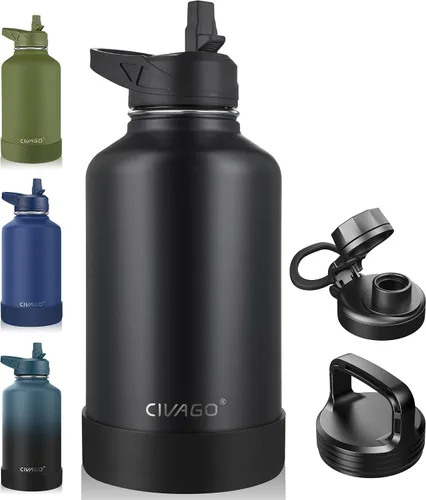 Miniatura 25 de CIVAGO Botella de agua aislada de 22 onzas con pajita, frasco de agua deportiva de acero inoxidable con 3 tapas