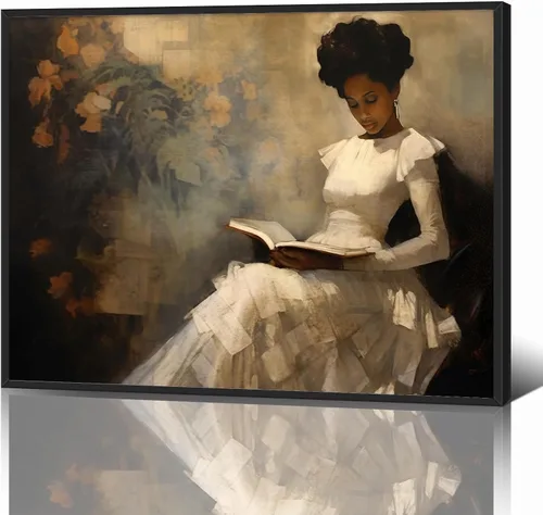 Póster de retrato femenino vintage leyendo un libro, pintura al óleo famosa enmarcada, arte de pared antiguo afroamericano, fotos retro de niña