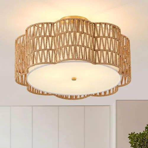 Miniatura 11 de Lámpara de Techo Empotrada de Ratán de 17.7", Luminaria de Techo Boho de 3 Luces Cerca del Techo, Lámpara de Techo de Ratán para Dormitorio, Amarillo