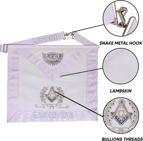 Miniatura 4 de MasonicHub Past Master Mason delantal blanco plateado bordado a mano BULLION cuadrado y brújula 100% piel de cordero delantal masónico, plateado