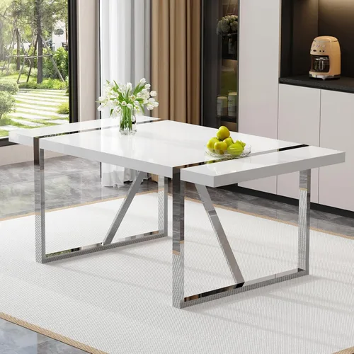 Miniatura 29 de Mesa de comedor Ebullient para 4, mesa de comedor rectangular negra de MDF, tapa de mesa de cena de mármol falso, mesa de comedor moderna con marco
