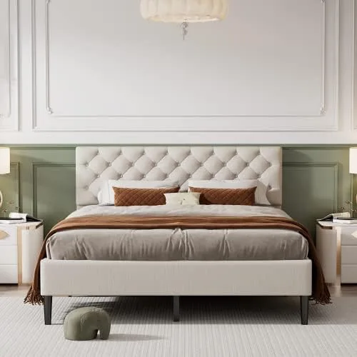 Miniatura 9 de Marco de cama de plataforma de tamaño individual, marco de cama tapizado de lino de diseño moderno con cabecera copetuda, cama de almacenamiento