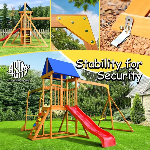 Miniatura 6 de SUNIBOXI Juegos de columpios de madera para patio trasero, juego de parque infantil al aire libre con barras de mono, tobogán ondulado, 2 columpios
