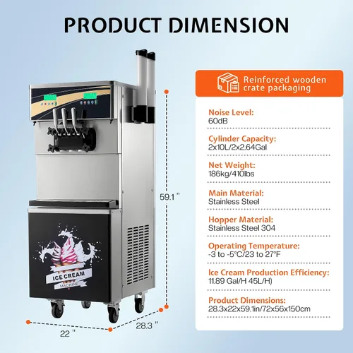 Miniatura 9 de Jocisland Máquina de helado suave comercial de 45L/H, máquina de helado de 3 sabores de 2900 W, compresores duales, cilindro de acero inoxidable