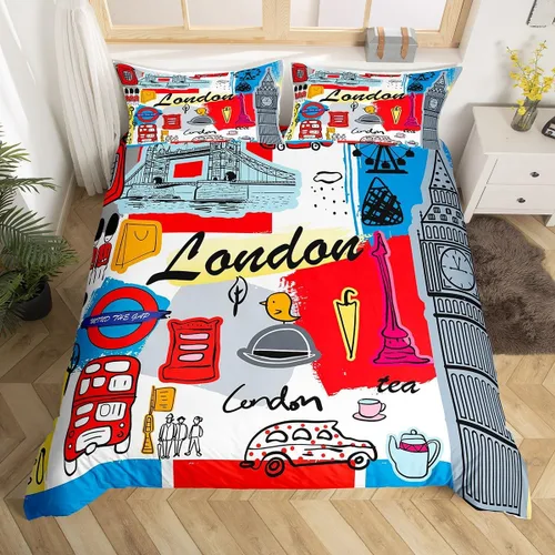 Feelyou Juego de ropa de cama con temática londinense, funda de edredón para cabina telefónica retro roja para niños, paisaje histórico europeo,