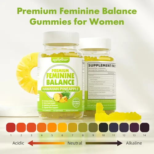 Miniatura 5 de softbear Gomitas de equilibrio femenino prémium para mujer, gomitas de equilibrio de piña y pH para mujeres, olor saludable, flora, vaginal, apoyo