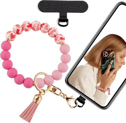 Miniatura 17 de Correa de muñeca de teléfono con cuentas de silicona, pulsera para teléfono con lengüeta de sujeción, pulsera manos libres para iPhone (negro)