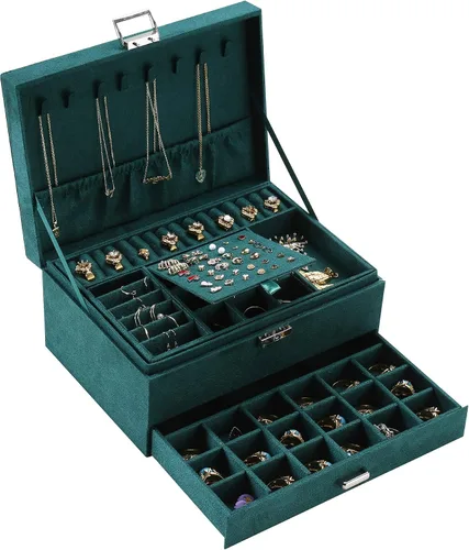 ZUZOOQ ZUZ002A - Caja organizadora de joyas de terciopelo de 3 capas con cerradura para anillos collares aretes verde 94 x 67 x 43in