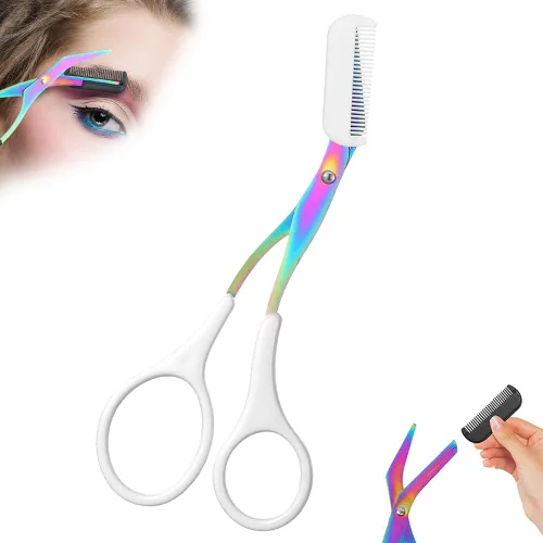 Miniatura 10 de Tijeras de cejas 2 en 1 con peine, cortador de cejas de acero inoxidable de precisión, tijeras de aseo antideslizantes para hombres y mujeres, Azul
