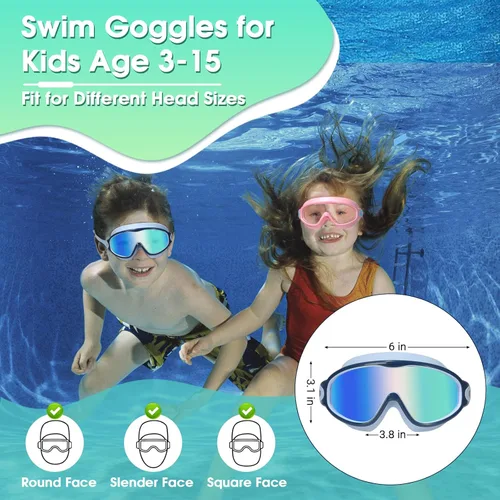 Miniatura 6 de EverSport Paquete de 2 gafas de natación para niños, gafas de natación antivaho para niñas y niños de 3 a 15 años Espejo morado y rosa