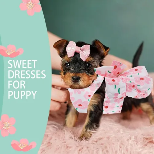 Miniatura 2 de Set de Vestido con Moño y Arnés con Correa para Perros Pequeños para Niñas, Ropa para Perros y Gatos Rosa Floral, Lindas Ropas para Cachorros, Ropa