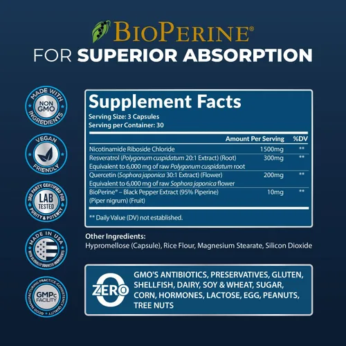 Miniatura 7 de Suplemento NAD+ de 13,510 mg, ribósido de nicotinamida, resveratrol, quercetina y bioperine® (alta absorción), potenciador natural de NAD