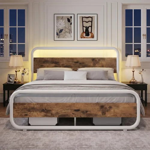 Miniatura 12 de Catrimown - Marco para cama individual con luces LED, marco de cama plataforma individual resistente de metal rústico con cabecera de madera