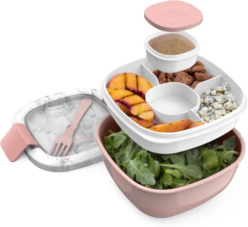 Bentgo Recipiente para ensalada – Tazón de 54 onzas con bandeja de 4 compartimentos para aderezos, recipiente para aderezo, tenedor reutilizable,