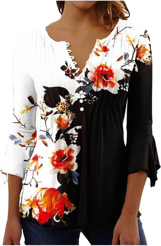 Miniatura 47 de Ceboyel Blusa tipo túnica con estampado floral para mujer, con botones, estilo Henley, con manga de codo, casual, trajes de moda para mujer