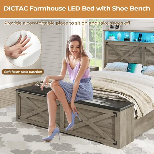 Miniatura 7 de DICTAC - Base de cama estilo granja tamaño Queen con cabecera de almacenamiento y estación de carga, base de cama de plataforma de madera