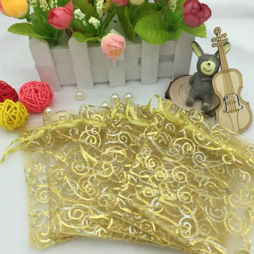 Miniatura 4 de 100 bolsas de regalo de 5 x 7 pulgadas, ratán dorado, tela de tul transparente de organza, bolsas de malla con cordón para regalos de baby shower