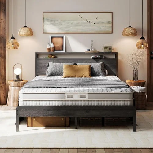 Miniatura 32 de LIKIMIO Marco de Cama King con Cabecero, Marco de Cama King de Madera Oscura con Soportes Fuertes, Resistente, Sin Ruido, No Necesita Somier, Nogal