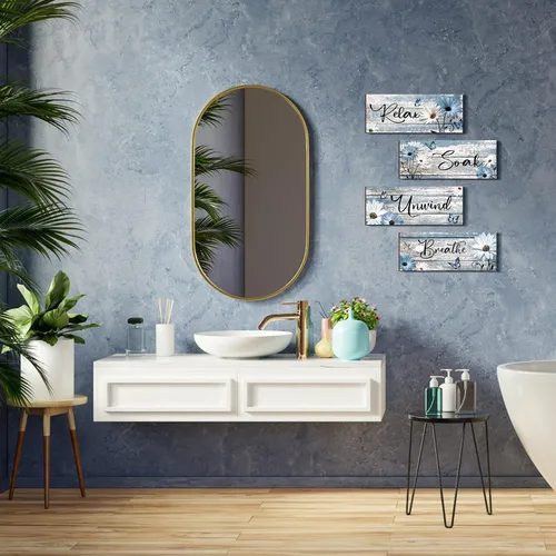 Miniatura 5 de Sunnyray 4 carteles de decoración de pared de baño de granja, margaritas y mariposas, arte de pared para baño, relajarse y relajarse, respirar, Azul