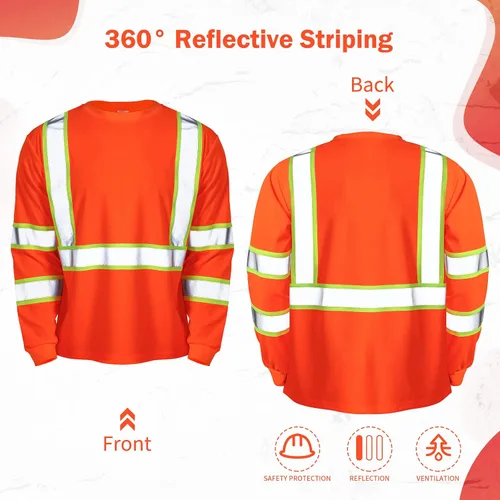 Miniatura 3 de Paquete de 6 camisetas de manga larga de seguridad, clase 3 de alta visibilidad con tiras reflectantes para trabajo topógrafo construcción Naranja