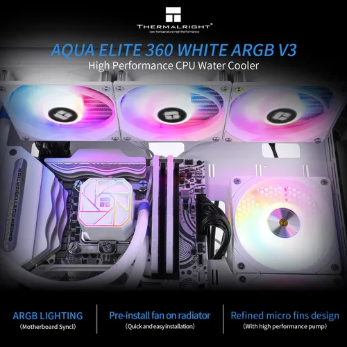 Miniatura 4 de Thermalright Aqua Elite 360 White V3 Enfriador de CPU de refrigeración por agua, 3 ventiladores PWM ARGB con rodamientos S-FDB, bomba controlada PWM