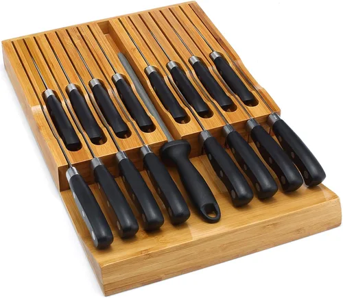 Miniatura 7 de VaeFae Organizador de cajones de cuchillos de bambú, organizador de cajones de cuchillos, bloque de cuchillos de cocina para 12 cuchillos y una
