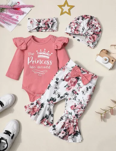 Miniatura 5 de ADIFUN Ropa de bebé niña, 4 piezas de trajes de niña recién nacida, mameluco con volantes, parte inferior acampanada, diadema, bandana, conjuntos
