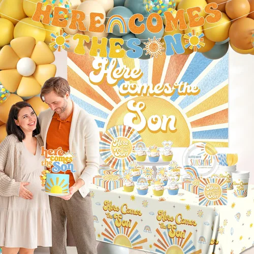 Miniatura 3 de Here Comes The Son Baby Shower Decor – Vajilla bohemia para fiesta de baby shower con arco de globos, decoración de tartas, decoración de pancartas