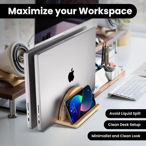 Miniatura 4 de Kothar Soporte vertical de madera prémium para laptop, soporte de bambú ajustable de doble ranura para MacBook, Dell, HP y más Organizador