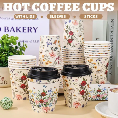 Miniatura 3 de JarThenaAMCS 50 juegos de tazas de café florales vintage con tapas y fundas de 8 onzas, tazas de papel de flores silvestres, desechables