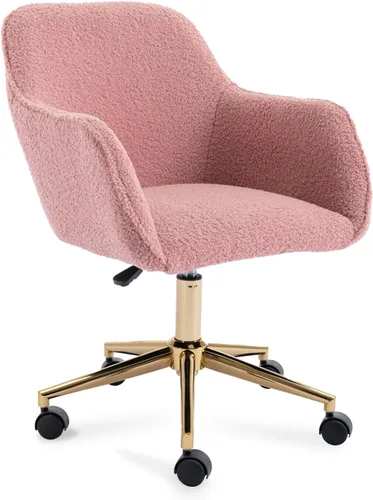 Miniatura 7 de Silla de oficina en casa de tela de peluche, bonita silla giratoria de escritorio con ruedas, moderna silla de tocador ajustable con base dorada