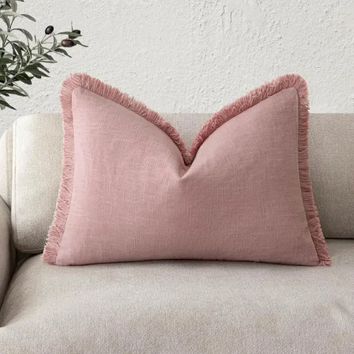 Miniatura 60 de Foindtower Fundas de almohada decorativas de lino con flecos, acogedora funda de cojín bohemia estilo farmhouse con borlas, funda de almohada