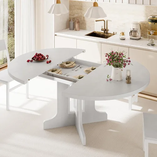Miniatura 7 de iPormis Juego de mesa de comedor redonda de 5 piezas para 4-6, juego de mesa de comedor extensible de 59 pulgadas con 2 sillas ergonómicas y 2 Blanco